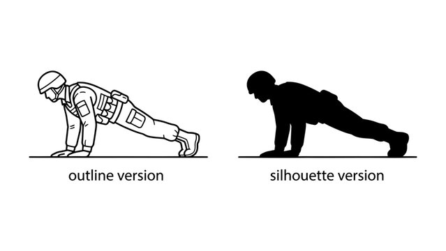 Soldier Performing Push-up: Two depictions of a soldier in uniform, one in outline and one in silhouette, are shown performing a push-up exercise.