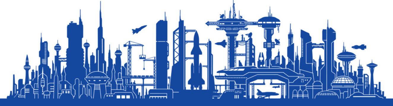 Futuristic spaceport city skyline with rocket launch pads and spaceships taking off