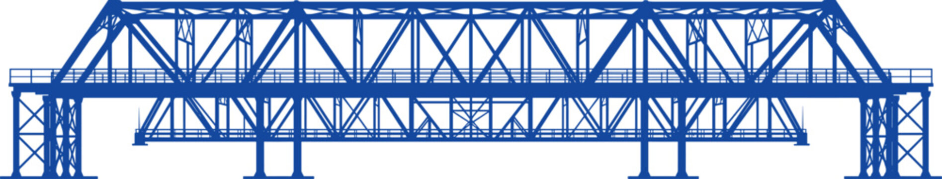 Industrial steel truss bridge structure silhouette in blue vector on transparent background