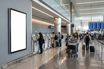 Fototapeta premium Modern airport terminal self-check-in with blank vertical digital billboard mockup and passengers.