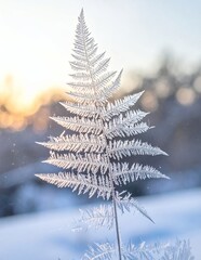 Obraz premium Frost covered fern leaf in winter sunlight.