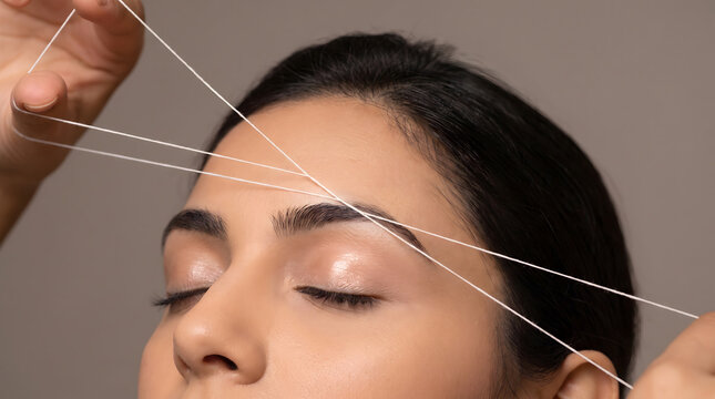 Cotton thread lines cross eyebrow and forehead during traditional threading hair removal technique session today