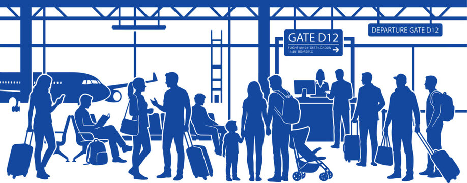 Passengers waiting at airport departure gate d12 with airplane visible outside window