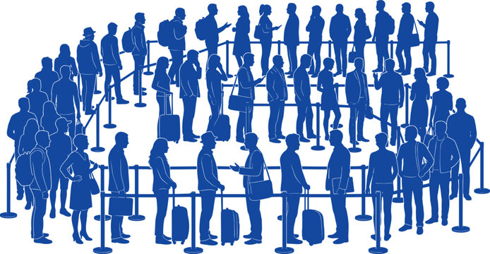 People waiting in a long winding queue line separated by security stanchions