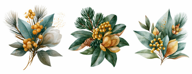 Watercolor winter floral compositions presenting elegant arrangements of evergreen branches, golden berries, magnolia blooms, and pinecones for festive holiday designs © Narin