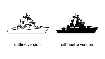 Warship Outline and Silhouette: A detailed line drawing of a warship presented in outline and silhouette form, showcasing its structure and design. © Hussain