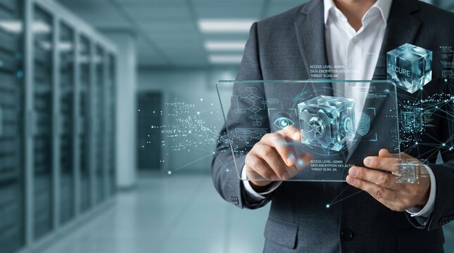 IT specialist holding transparent tablet with secure data encryption cube, cybersecurity protection, network firewall system, blockchain technology, server room background, digi...