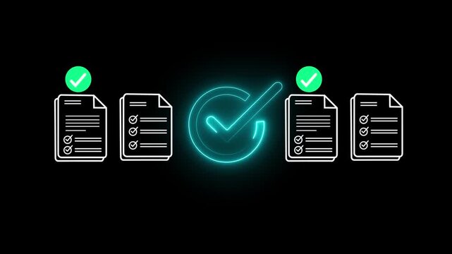 Digital checklist and approval workflow showing business document validation and task tracking system for decision making, process optimization. 4k video