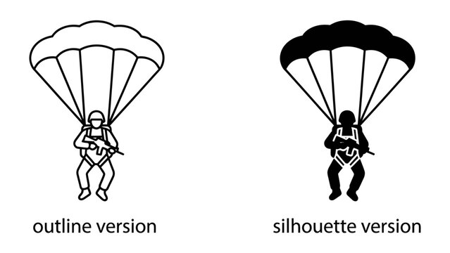 Paratrooper in Descent: A graphic depiction of a paratrooper in mid-air, showcasing both an outline and a silhouette version of a soldier descending with a parachute and holding a rifle.