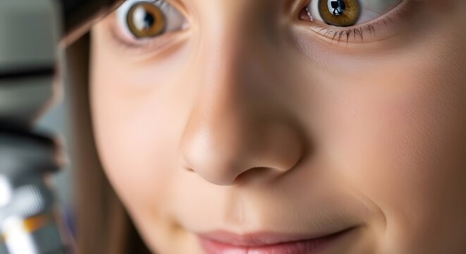 Close-up portrait of a young girl with wide eyes full of wonder while looking through a microscope in a science lab.