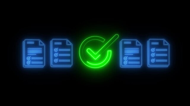 Glowing neon check list animated outline icon. Checklist line icon animation. document marking, mark icon 4k