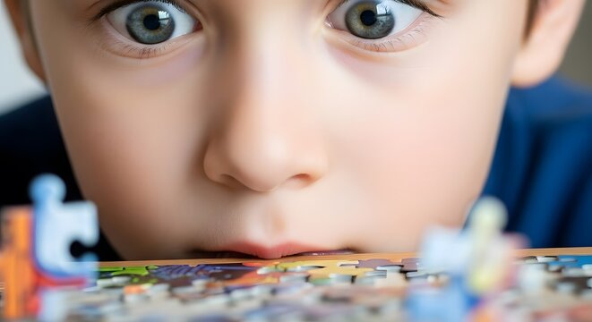 Extreme close-up of a child's face showing concentration and wonder while playing with a jigsaw puzzle.