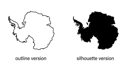 Antarctica Outline and Silhouette: Two distinct representations of the continent of Antarctica, one as a clear outline and the other as a solid black silhouette. © Md