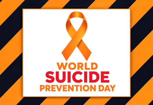 Orange awareness ribbon for world suicide prevention day with caution stripes background design