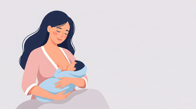 Simple flat illustration of mother breastfeeding her newborn baby wrapped in blue blanket on plain gray background