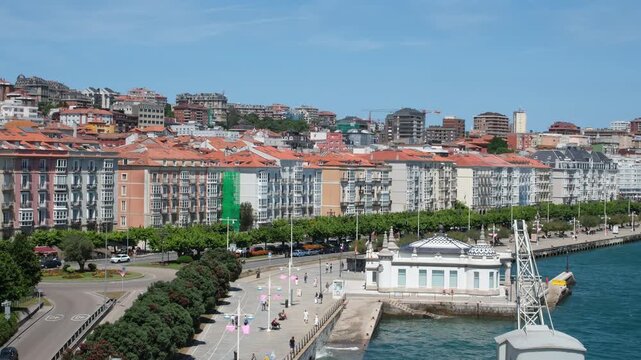 Santander, Cantabria, Spain. June 12, 2026. Historic Palacete del Embarcadero Pavilion at Puerto Chico Waterfront. Sea and urban development. View from the observation deck. 