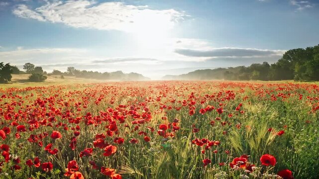 Scenic aerial view of a drone flying slowly forward over a beautiful blooming red poppy field at sunrise. Cinematic agriculture landscape footage under a blue sky for summer travel and nature video