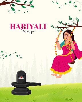 Hariyali Teej Pink and Green Illustrated Greeting Poster