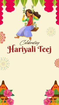 Hariyali Teej Red Pink and Yellow Traditional Greeting Poster Story
