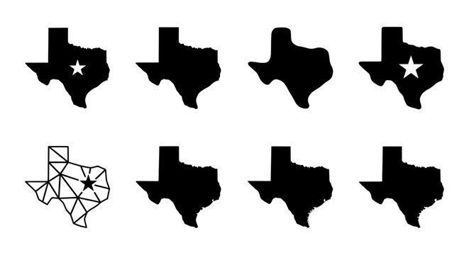 Texas state map silhouette set, black geographic borders vector, lone star state icons