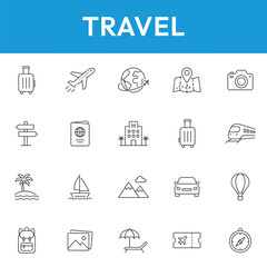 Fototapeta premium Travel Icons, Tourism and Vacation Outline Icon Set, Travel Icons, Black and White Vector Collection