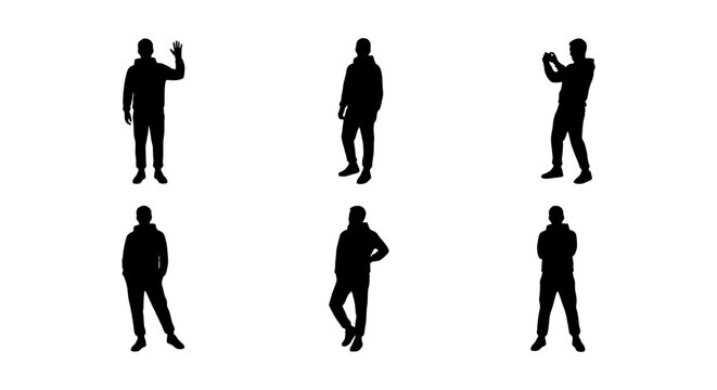 Man silhouettes in casual streetwear, set of 6 male vector figures standing and posing