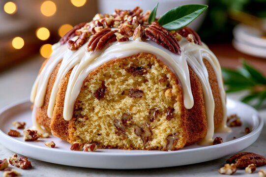 Pecan bundt cake with white icing and nuts