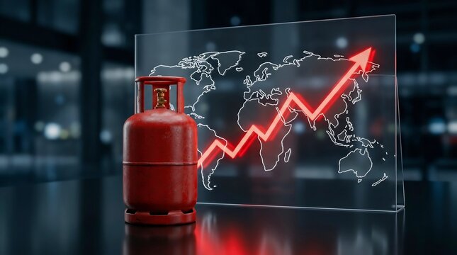 Red gas cylinder with rising global energy prices, fuel market, economy, petroleum industry growth