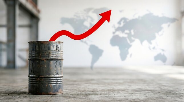 Oil barrel with rising global prices, energy market, economy, petroleum industry, growth trend