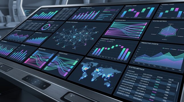 Futuristic dashboard interface displaying big data analytics, colorful charts and graphs, network topology map, global heat map, system metrics monitoring, artificial intelligen...