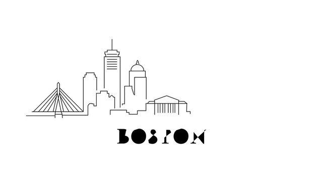 Simple black line art depicts Boston skyline