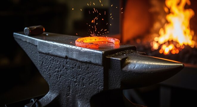 Glowing horseshoe heats on anvil with sparks flying in fiery blacksmith workshop