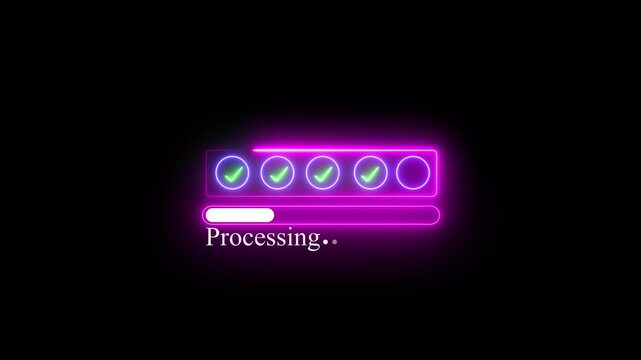 neon 5 step infographic process with check mark icon. infographic step by step process icon animation Neon progress bar with glowing checkmarks animation on black background,