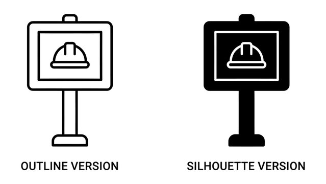 Construction Signage Set: A set of two icons representing construction, one in outline and the other in silhouette, featuring a hard hat symbol.