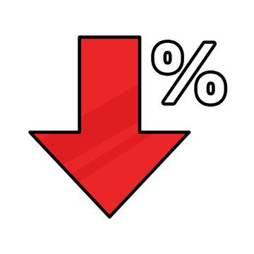 Red arrow pointing down with percentage sign icon for discount and price drop promotion