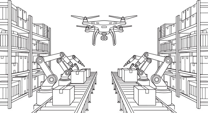 Automated warehouse logistics with robotic arms and delivery drone line art vector illustration for industrial automation concepts