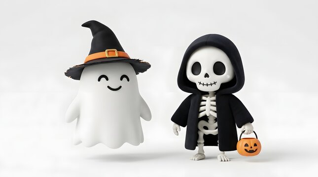 Cute ghost wearing a witch hat and a skeleton in a cloak isolated on white background