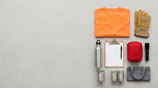Flat lay of disaster relief and emergency survival kit with volunteer vest, first aid kit, and water bottle on gray background with copy space