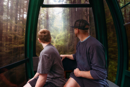 Father and son ride a gondola through the forest