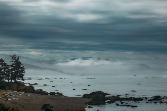 Misty morning on a remote rocky coastline