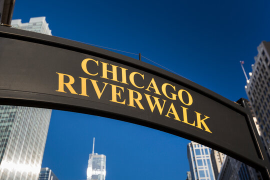 Chicago Riverwalk downtown entrance sign