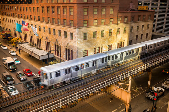 Elevated train tracks in downtown Chicago Illinois USA