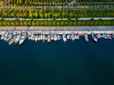 Beautiful seaside park and marina from above