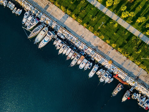 Aerial top down view of boats in a marina