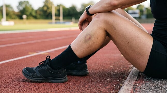 A person with athletic wear sitting on a running track, showing a bruise on their leg, possibly after a workout or injury.