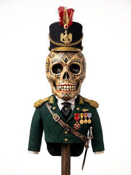 Studio portrait of Day of the Dead skull puppet in military-style jacket with epaulettes and medals on white