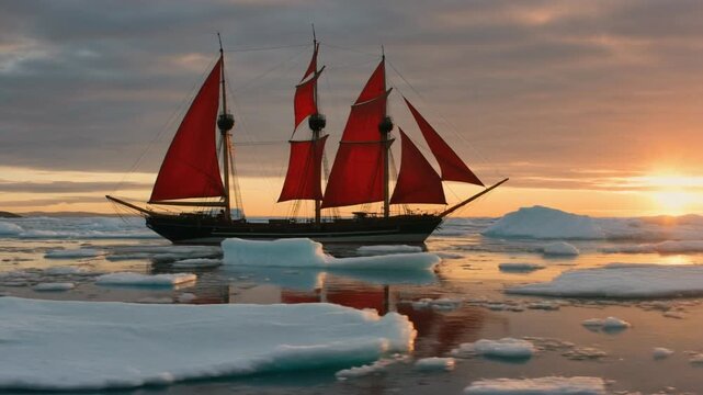 Majestic Ship with Red Sails Navigating Arctic Ice at Sunset