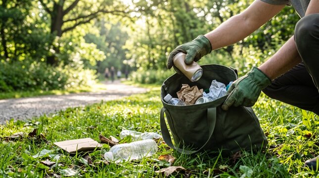 Person in green gloves picking up a discarded aluminum can and other litter from a grassy park path into a dark bag on a sunny day.