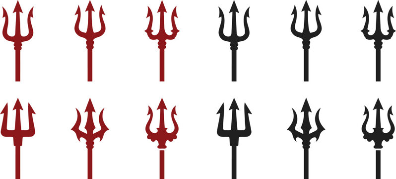 Collection of devil pitchforks in red and black halloween themed silhouettes
