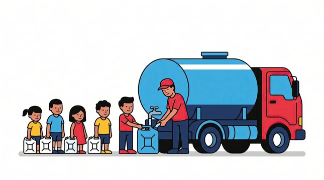 Children and adults collecting clean water from a tanker truck in a line.